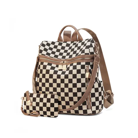 Checkerboard Canvas Backpack And Small Pouch Fashion PU Leather Trim Travel Rucksack Large Capacity Laptop School Bag Women
