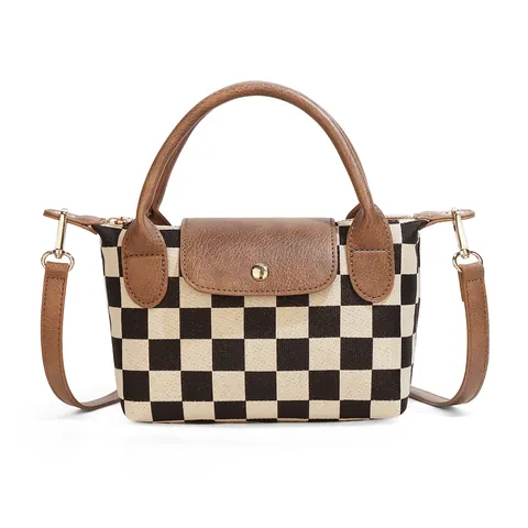 Women Checkered Crossbody Bag Vintage PU Leather Handbag Small Lunch Box Square Shoulder Bag For Commuting Daily Fashion