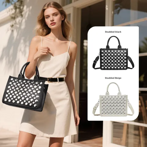 Trendy Women PU Leather Tote Bag With Large Capacity Studded Rivets Crossbody Handbag For Daily Commuting Shoulder Bag With Adjustable Wide Strap