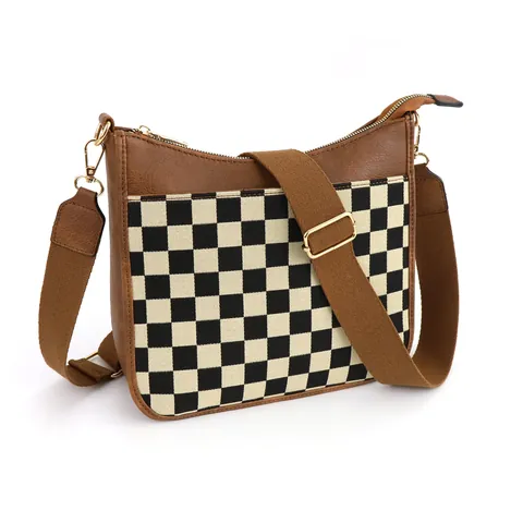 Sac Bandoulière Vintage Échiquier pour Femmes Sac à Épaule en Cuir PU Rétro Grande Capacité Multi Poches Décontracté Quotidien