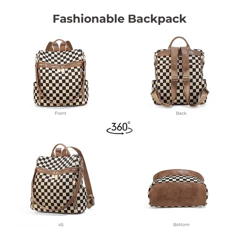 Checkerboard Canvas Backpack And Small Pouch Fashion PU Leather Trim Travel Rucksack Large Capacity Laptop School Bag Women