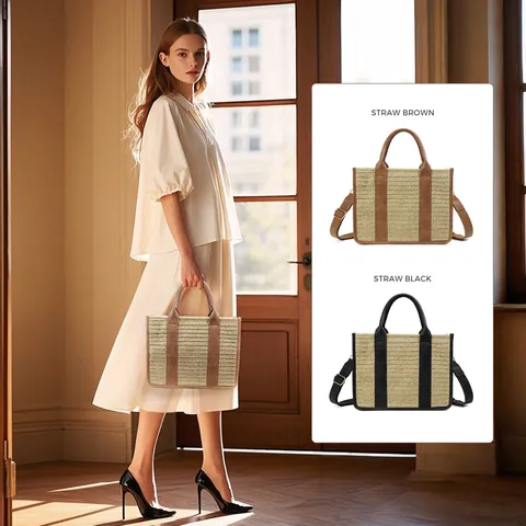 Women Straw Woven Tote Bag Checkerboard Plaid Canvas Shoulder Bag With Adjustable Strap Casual PU Leather Trim Handbag For Travel Daily