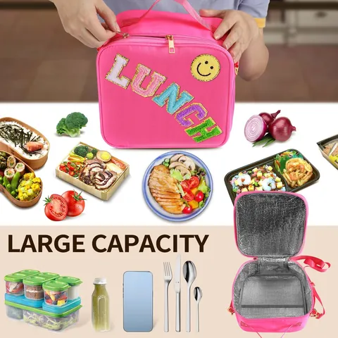 Geïsoleerde Lunchtas Voor Kinderen Vrouwen Waterdicht Nylon Thermische Bento Tas Met Verstelbare Riem Chenille Letter Patch Smiley