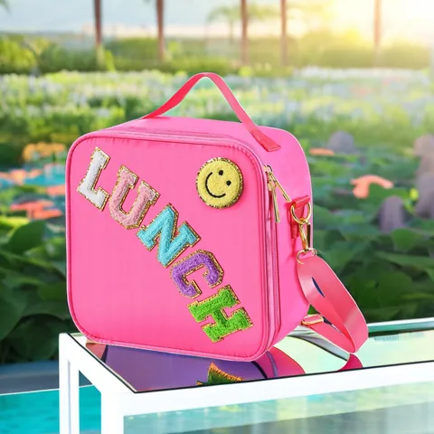Geïsoleerde Lunchtas Voor Kinderen Vrouwen Waterdicht Nylon Thermische Bento Tas Met Verstelbare Riem Chenille Letter Patch Smiley