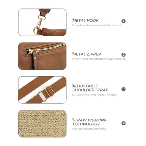 Sac Bandoulière Poitrine Femme Mode Tissage Paille Damier Clouté Avec Petite Pochette Bandoulière Réglable Sac Banane Cuir PU Casual