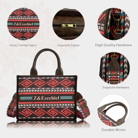 Women Bohemian Ethnic Canvas Tote Bag Southwestern Geometric Pattern Large Capacity Shoulder Bag With Adjustable Strap