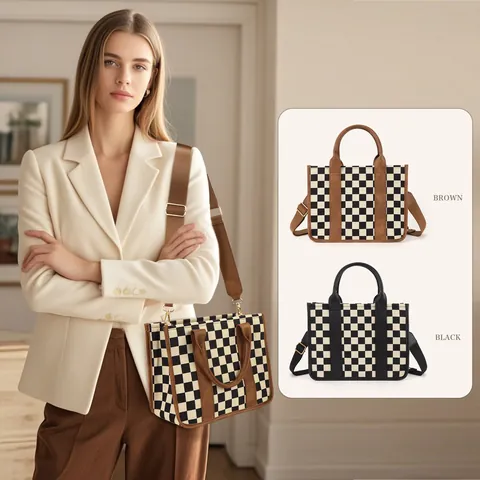 Women Checkerboard Canvas Tote Bag Vintage PU Leather Trim Crossbody Handbag Adjustable Shoulder Strap Casual Commuter Purse