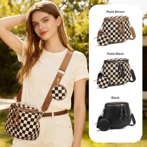 Women's Vintage Checkerboard Crossbody Bag With Detachable Round Purse Adjustable Strap Lychee Leather Saddle Bag