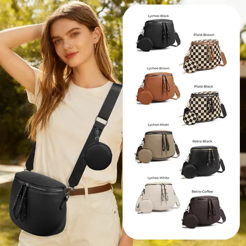 Women Pebbled PU Leather Checkerboard Crossbody Bag Large Capacity Saddle Bag With Round Coin Pouch Tassel Shoulder Bag