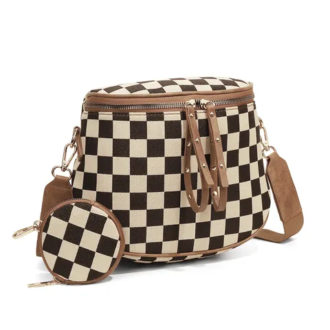 Women's Vintage Checkerboard Crossbody Bag With Detachable Round Purse Adjustable Strap Lychee Leather Saddle Bag