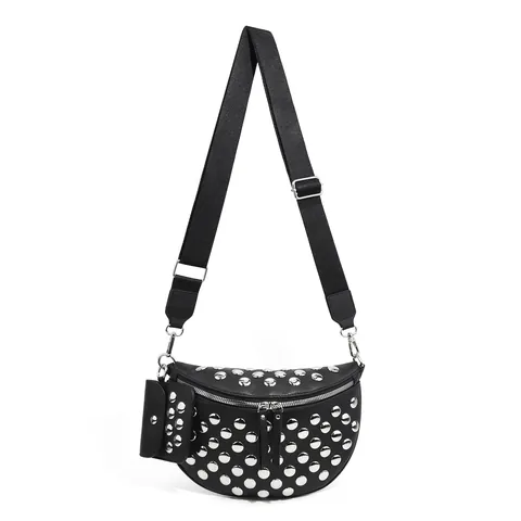Women PU Leather Rivet Crossbody Bag Vintage Checkered Chest Bag With Small Pouch Adjustable Wide Strap Fashion Waist Bag