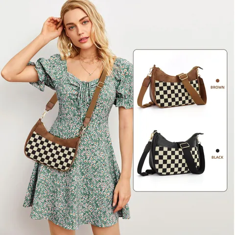 Vintage Crescent Moon Crossbody Bag For Women Fashion Checkerboard Cow Print PU Leather Hobo Bag With Embroidered Strap