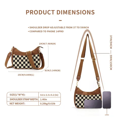 Vintage Crescent Moon Crossbody Bag For Women Fashion Checkerboard Cow Print PU Leather Hobo Bag With Embroidered Strap