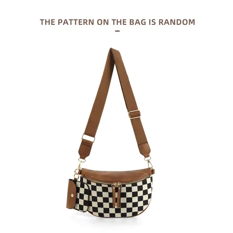 Women's Checkerboard Waist Bag PU Leather Crossbody Chest Bag With Small Pouch Adjustable Wide Strap Vintage Shoulder Bag For Travel Daily