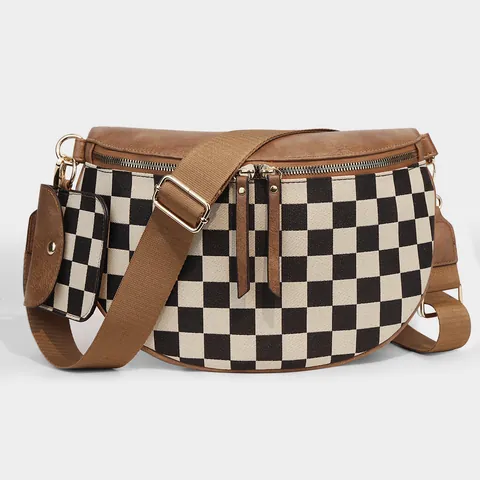 Women Checkered Chest Bag With Small Pouch Adjustable Wide Strap PU Leather Shell Crossbody Waist Bag Casual Fashion Streetwear Travel Handbag