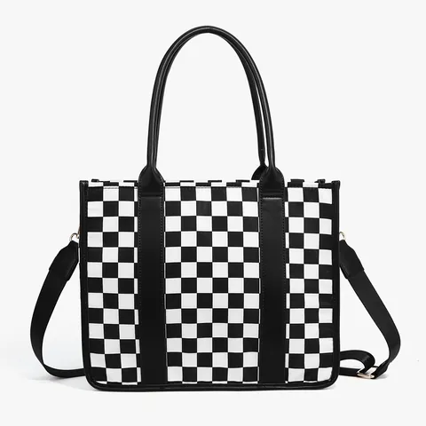 Fashion Checkerboard Tote Bag For Women Large Capacity Shoulder Bag With Adjustable Strap Casual Studded Straw Woven Handbag