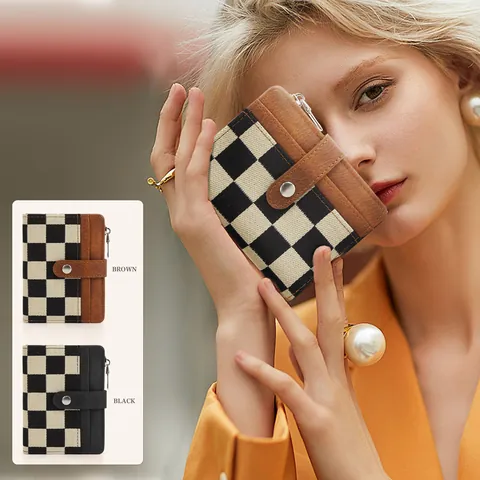 Damen Mini Schachbrett Münzbörse PU Leder Leinwand Patchwork Kartenhalter Mit RFID-Schutz Reißverschlussfach Druckknopf Geldbörse