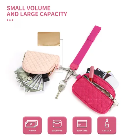 Damen Gesteppt Polyester Mini Münzbörse Set Wasserdicht Kleiner Reißverschluss Geldbeutel Handgelenktasche Quadratisch Rund Tragbar Aufbewahrungstasche