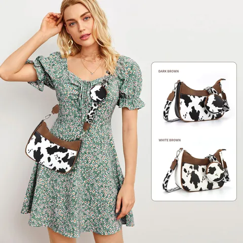 Women's Vintage Cow Print PU Leather Hobo Bag And Round Purse With Adjustable Wide Woven Strap Crossbody Shoulder Bag