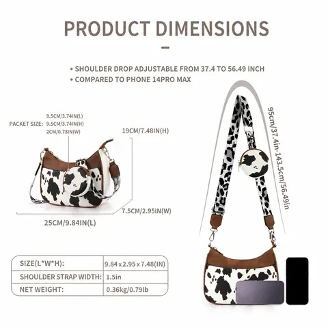 Women's Vintage Cow Print PU Leather Hobo Bag And Round Purse With Adjustable Wide Woven Strap Crossbody Shoulder Bag