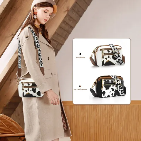Women Cow Print Crossbody Bag Waterproof PU Leather Camera Bag With Adjustable Wide Strap Double Zipper Small Square Purse