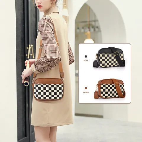 Checkerboard Pattern Cow Print Quilted PU Leather Crossbody Camera Bag For Women Fashion Wide Adjustable Strap Shoulder Bag