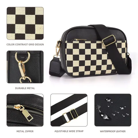 Checkerboard Pattern Cow Print Quilted PU Leather Crossbody Camera Bag For Women Fashion Wide Adjustable Strap Shoulder Bag