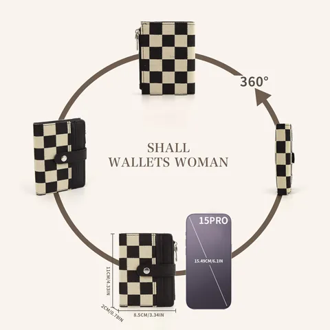 Damen Mini Schachbrett Münzbörse PU Leder Leinwand Patchwork Kartenhalter Mit RFID-Schutz Reißverschlussfach Druckknopf Geldbörse