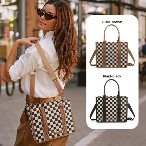 Women Checkerboard Plaid Tote Bag Large Capacity Canvas PU Leather Retro Handbag Crossbody Shoulder Bag With Adjustable Strap