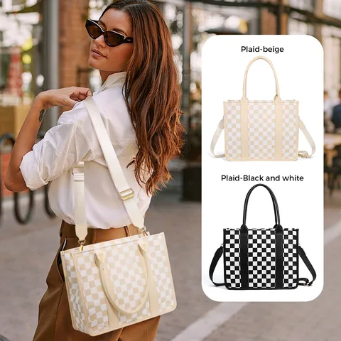 Fashion Checkerboard Tote Bag For Women Large Capacity Shoulder Bag With Adjustable Strap Casual Studded Straw Woven Handbag
