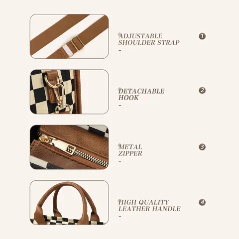 Women Checkerboard Canvas Tote Bag Vintage PU Leather Trim Crossbody Handbag Adjustable Shoulder Strap Casual Commuter Purse