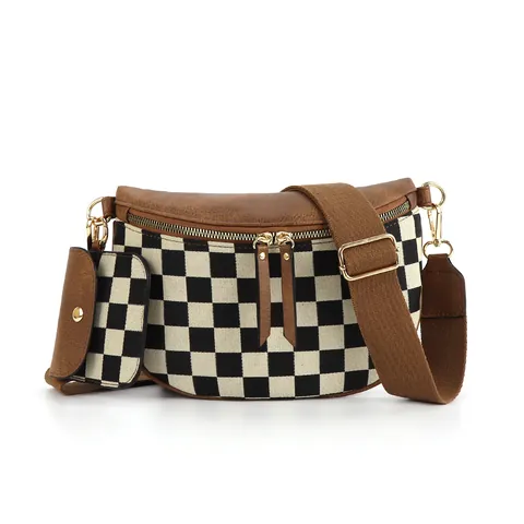 Women's Checkerboard Waist Bag PU Leather Crossbody Chest Bag With Small Pouch Adjustable Wide Strap Vintage Shoulder Bag For Travel Daily