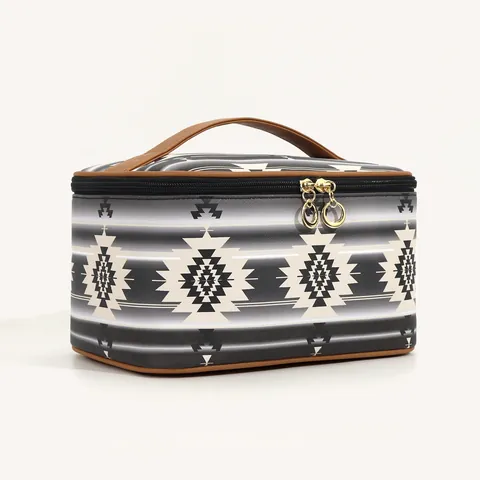 Bohemian Ethnic PU Leather Waterproof Makeup Bag Portable Toiletry Organizer With Handle Large Capacity Geometric Travel Bag For Women