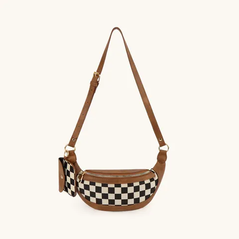 Sac Banane Vintage en Toile et Cuir PU à Damier Bandoulière Réglable Sac de Poitrine à la Mode Avec Petite Pochette Assortie pour Femmes Quotidien