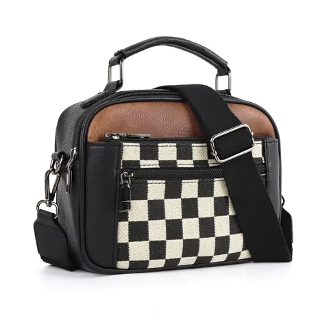 Fashion PU Leather Canvas Checkerboard Crossbody Bag Women Double Zipper Handbag Casual Shoulder Bag