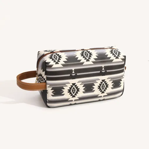 Bohemian Ethnic Aztec Geometric Pattern PU Leather Makeup Bag Waterproof Large Capacity Travel Toiletry Organizer Handbag For Women