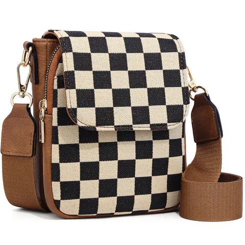 Vintage Plaid Crossbody Mobile Phone Bag Women Men PU Leather Small Messenger Bag With Wide Adjustable Strap Multi Pockets Daily Travel