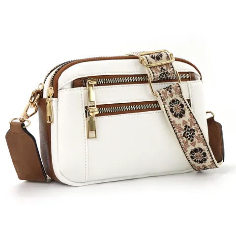 Women Fashion Multi Zipper Crossbody Bag With Ethnic Style Wide Strap Premium PU Leather Small Square Camera Bag For Daily Travel