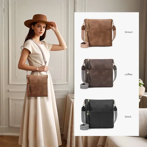 Women Vintage PU Leather Tassel Crossbody Bag Large Capacity Multi Pocket Messenger Bag With Geometric Wide Strap Shoulder Bag