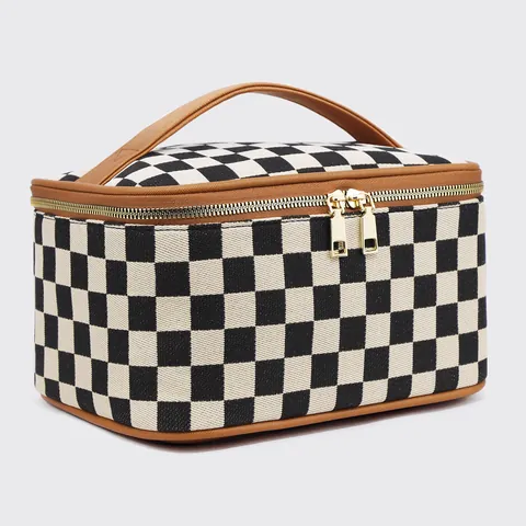 Checkered Geometric PU Leather Waterproof Handheld Makeup Bag Portable Travel Toiletry Organizer For Women Cosmetic Pouch