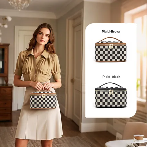 Checkered Geometric PU Leather Waterproof Handheld Makeup Bag Portable Travel Toiletry Organizer For Women Cosmetic Pouch