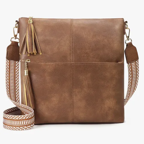 Women Vintage PU Leather Tassel Crossbody Bag Large Capacity Multi Pocket Messenger Bag With Geometric Wide Strap Shoulder Bag