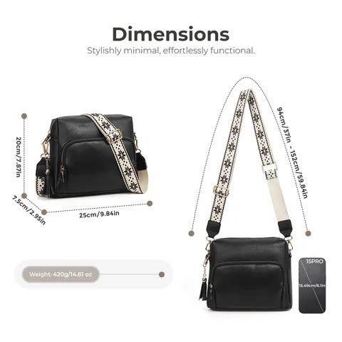 Sac Bandoulière Mode pour Femmes Motif Damier en Cuir PU Multicouche avec Fermeture Éclair et Gland Bandoulière Jacquard Réglable