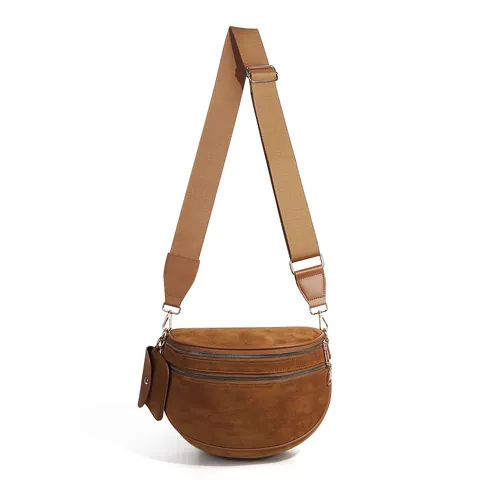 Women's Retro Suede Checkerboard Crossbody Bag Crescent Moon Shoulder Bag With Adjustable Wide Strap And Coin Purse Set