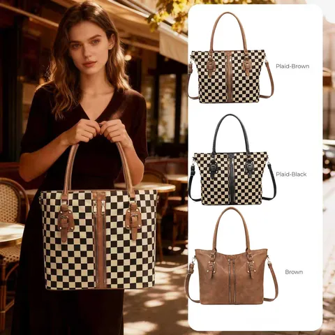 Women Large Capacity Tote Bag Vintage Checkered Shoulder Bag Fashion Polyester Handbag With Decorative Zippers Casual Work Purse