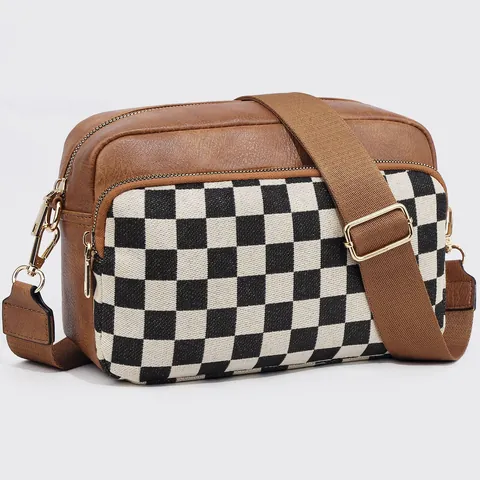 Women Fashion Plaid Crossbody Bag PU Leather Canvas Splicing Wide Adjustable Strap Gold Hardware Dual Zipper Camera Bag