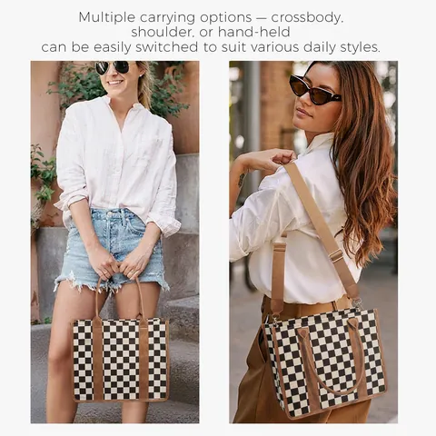 Women Checkerboard Plaid Tote Bag Large Capacity Canvas PU Leather Retro Handbag Crossbody Shoulder Bag With Adjustable Strap