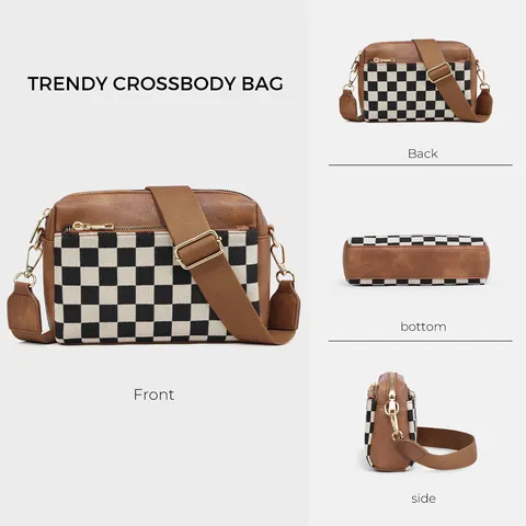 Sac Bandoulière Tendance à Damier pour Femmes Petit Sac Carré en Cuir PU Vintage Plaid Avec Large Sangle Réglable