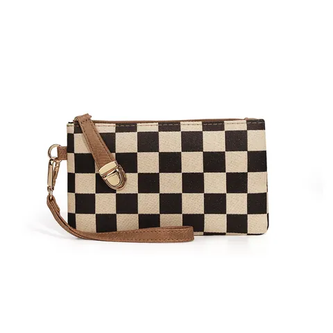 Vintage Checkerboard Wristlet Wallet For Women PU Leather Clutch Bag Portable Coin Purse Daily Casual Handbag Fashion