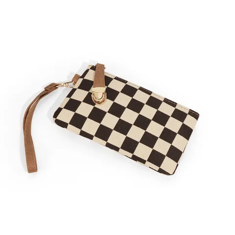 Vintage Checkerboard Wristlet Wallet For Women PU Leather Clutch Bag Portable Coin Purse Daily Casual Handbag Fashion